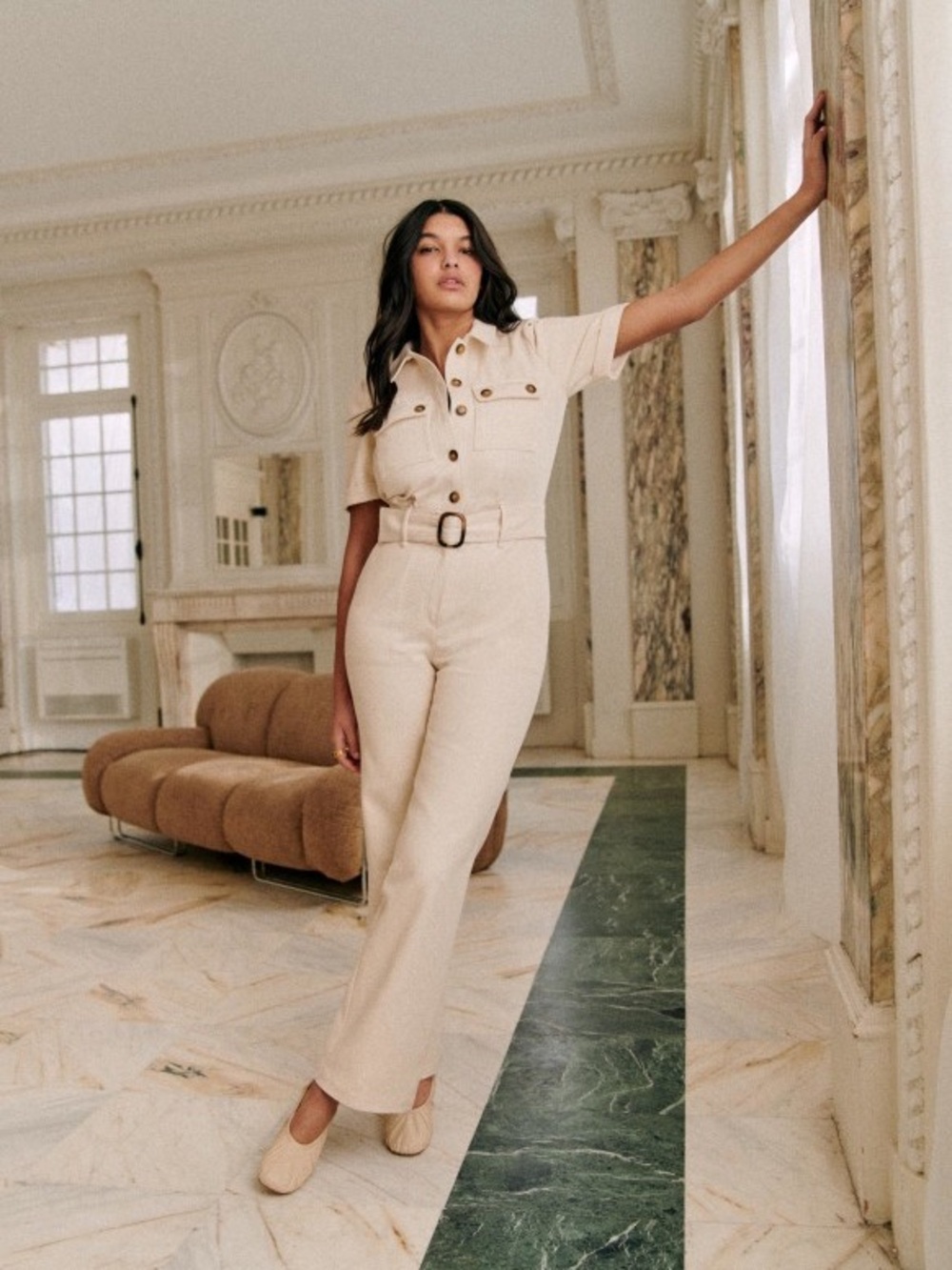 Sezane Beige Short-Sleeve Utility Jumpsuit with Belt